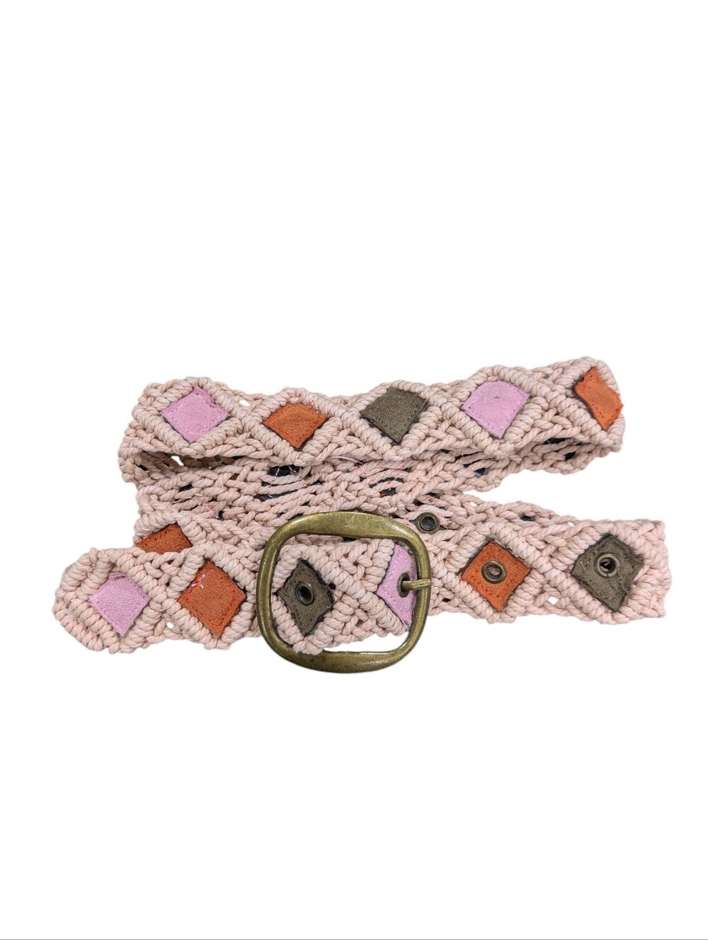 Pink Macrame Belt Multicolor Faux Suede Inlay Boho Retro Brass Buckle Sz M/L